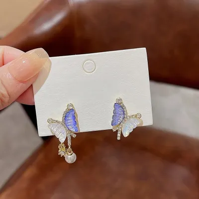 Delicate Crystal Blue Pearl Butterfly Earrings